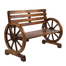 2 Person Rustic Wood Wagon Wheel Garden Bench Loveseat Porch Patio Outdoor Seat - £79.00 GBP