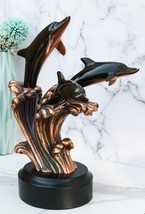 Bronze Electroplated Three Bottlenose Dolphins Riding Over Ocean Waves S... - $1,413.36 MXN