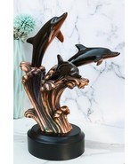Bronze Electroplated Three Bottlenose Dolphins Riding Over Ocean Waves S... - $74.99