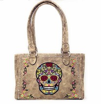 Western Sugar Skull Rhinestone Flora Embroider Concealed Carry Purse/Multi Color - £35.16 GBP