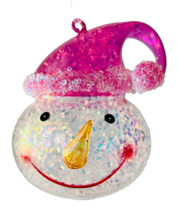 Sparkly Snowman Hand Blown Glass Ornament Pink Hat Big Smile Orange Nose 5&quot; Tall - £18.96 GBP