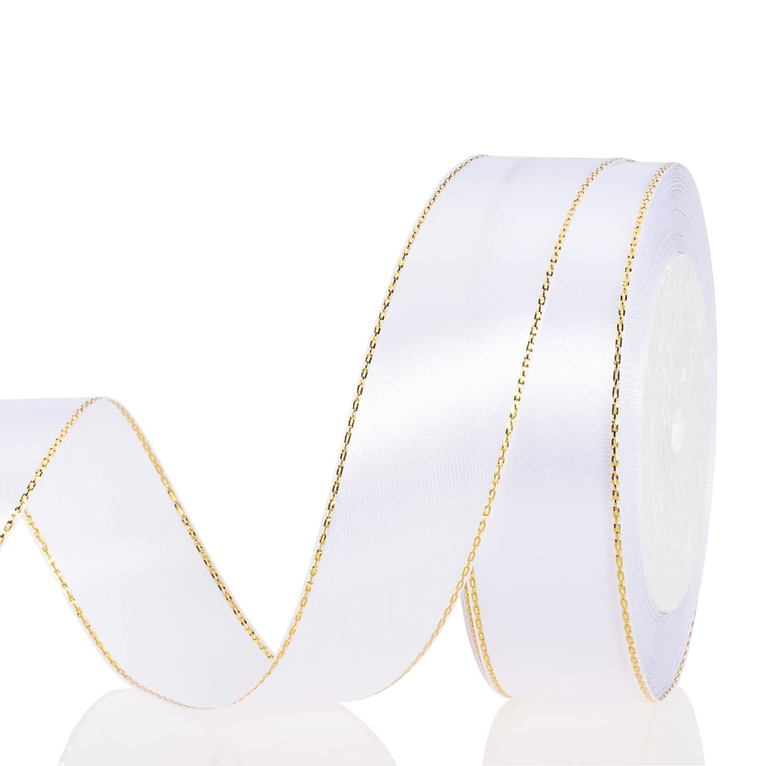 Primary image for 25 Yards 1 Inch White Satin Ribbon With Gold Edges, Gold Border Fabric Ribbons F