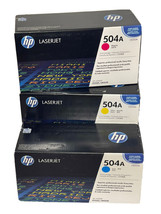 HP 504A Set Of 3 CE251A CE252A CE253A Toner CP3525 , CM3530 Brand New Sealed Box - £73.54 GBP