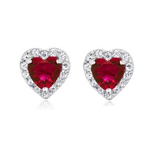 2.32 Ct Heart Cut Simulated Ruby 925 Silver Halo Solitaire Stud Earrings - £38.10 GBP