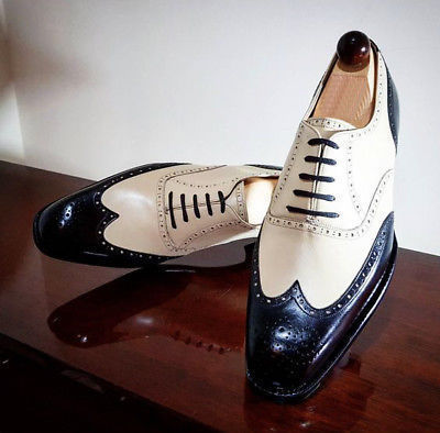 NEW Handmade Men's New 2 Tone wing tip shoes, Men's Black White Lace Up Leather