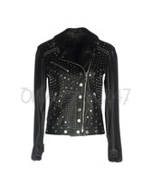 New Women Full Customized Eden Star Multi Rivets Studded Black Leather Jacket - £166.06 GBP