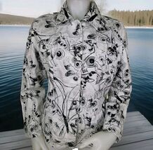 Chicos Denim Jacket Womens Sz 2 L Black Silver Graffiti Print Stretch Co... - $22.06