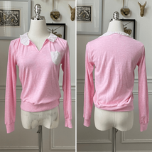 Vintage 70s Pink Top White Eyelet Lace Peter Pan Collar XS - $23.04