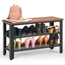 3-Tier Shoe Rack Industrial Bench W/Storage Shelves Living Room Entryway Brown - £94.02 GBP