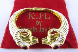 Kenneth Jay Lane, Enamel White Red Jeweled Double Ram Head Bracelet - £106.46 GBP