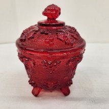 Vintage Jeanette Ruby Red Pressed Glass Harvest Grape Footed Covered Candy Dish - £12.93 GBP