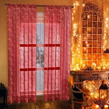 Christmas Window Curtains Set Of 2 Panels Drapes Living Room Red Gold Ho... - $38.69