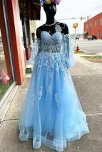 A-line Strapless Puff Long Sleeves Beaded Appliques Long Formal Prom Dress - $165.00