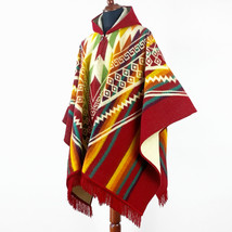 Alpaca wool Hooded Poncho Unisex Aztec pattern all seasons boho hippie XXL RED - £70.43 GBP