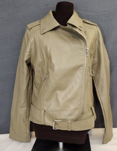 Zenana Women’s Sage Green Faux Leather Biker Moto Jacket Belted Size L - $22.00