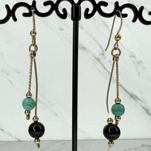 Gold Tone Faux Turquoise and Black Beaded Drop Dangle Earrings Pierced Pair - £5.17 GBP