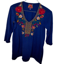 Johnny Was Royal Blue Embroidered Boho Hippie Blouse Shirt Size Small - $34.64