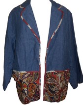 Silk Club Collection Womens Jacket Size 10 Open Linen Denim Paisley Print Lined - £11.86 GBP