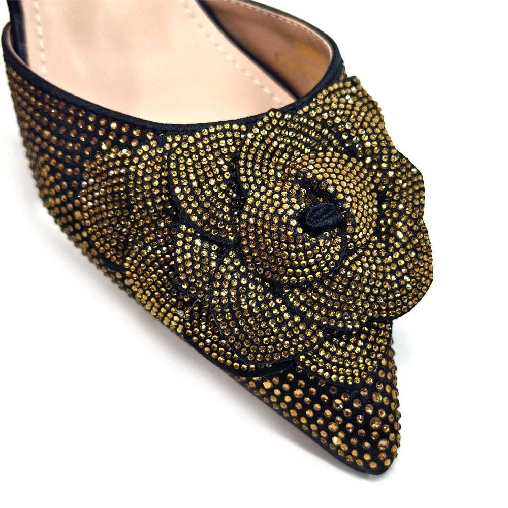 Pointed-Toe Large Flower Decoration Rhinestone Low Heel Italian Design Shoes and Item image 3