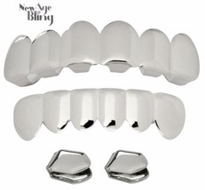 Custom Fit Silver Plated Top &amp; Bottom Grillz Caps + 2 Single Teeth Set Grill - £8.81 GBP