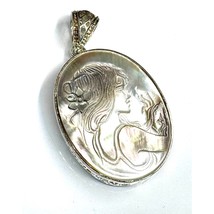 Large 925 Sterling Silver Lustrous Handcarved Mother Of Pearl Cameo Pendant Sky - $57.92