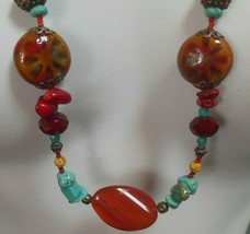 Handmade Turquoise, Coral, Art Glass Bead Necklace - £52.07 GBP