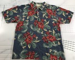 LL Bean Polo Shirt Mens Small Blue Green Red Hibiscus Hawaiian Camp Cotton - $21.27
