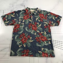 LL Bean Polo Shirt Mens Small Blue Green Red Hibiscus Hawaiian Camp Cotton - $21.27