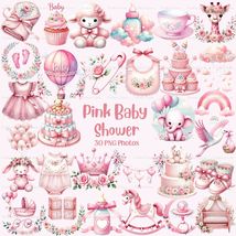 Pink Baby Shower Watercolor Clipart Bundle: 30 PNG Designs (Digital Down... - $2.95 CAD