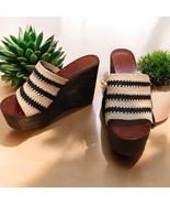Joie Black Ivory Black Woven Stripe Braided Leather Platform Wood Wedges... - $135.38 CAD