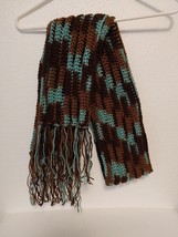Handmade Crochet Ribbed Scarf With Fringe Brown &amp; Blue Winter Warm - £22.38 GBP