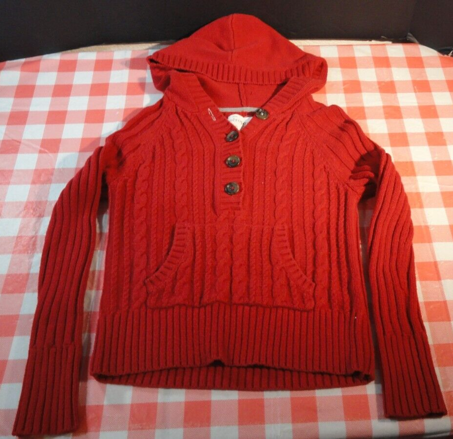 AEROPOSTALE  RED ACRYLIC WOVEN KINITTED FALL 4 BUTTON HOODIE SWEATER LARGE - $20.19
