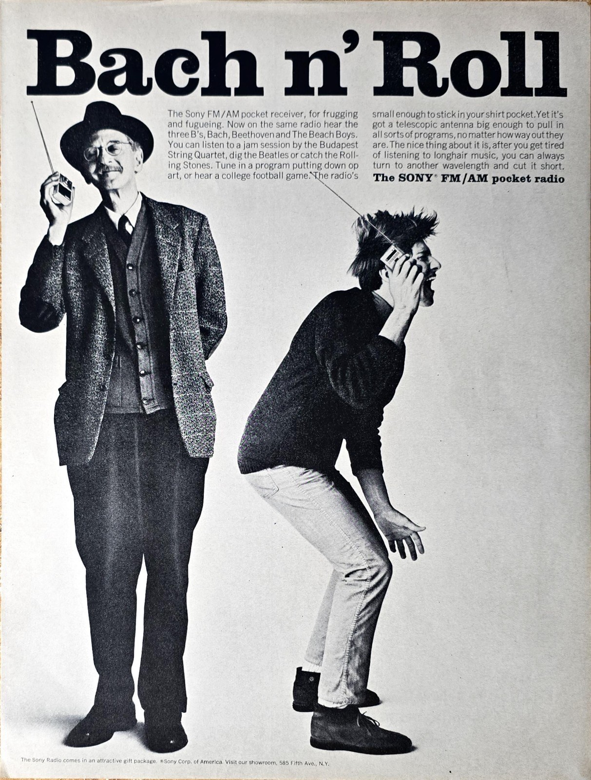 Bach n&#39; Roll Sony FM/AM Pocket Radio 1965 Vintage Print Ad - $8.77