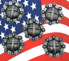 Western Berry Style Cross Concho Conchos 1 3/8&quot; Pewter Finish Five Count - £7.89 GBP