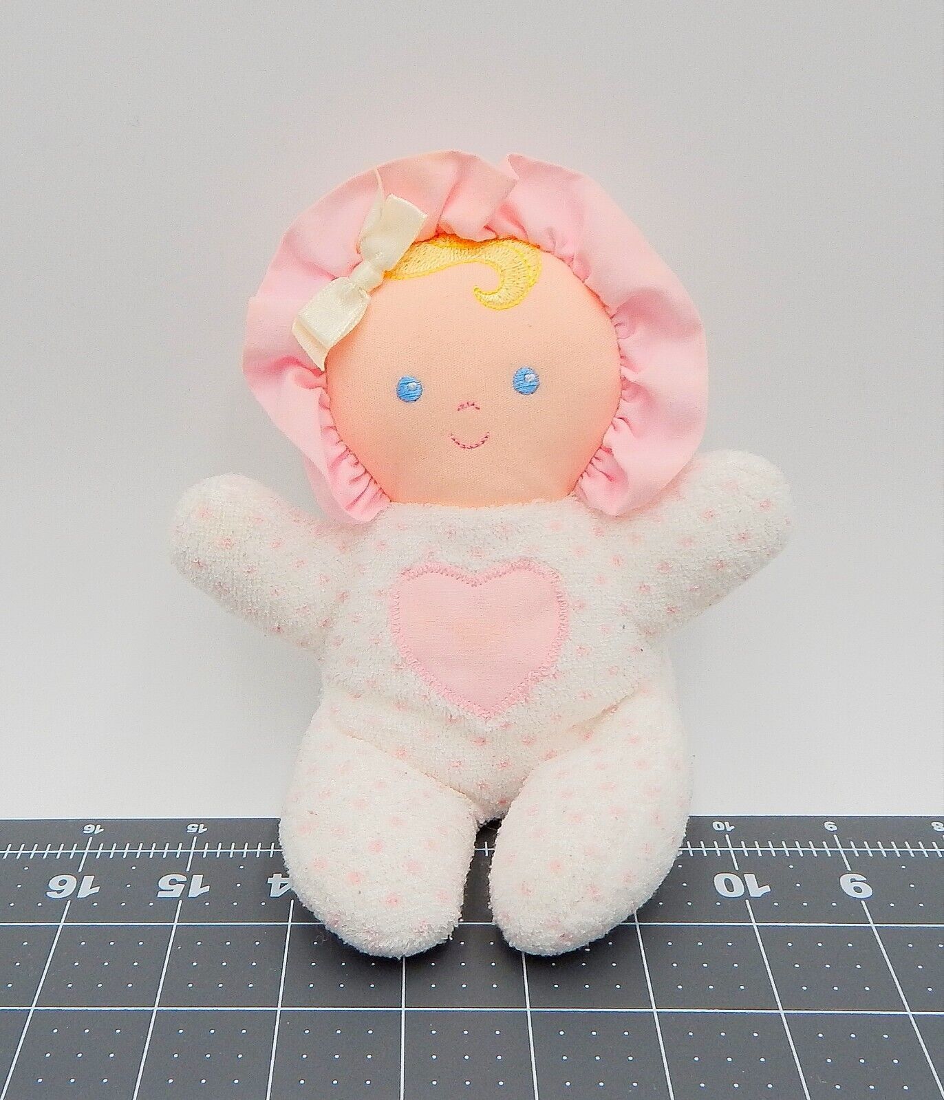 Eden Baby Doll Rattle Pink Heart Bonnet Terry Cloth White Polka Dot Lovey 7 Inch - $25.99
