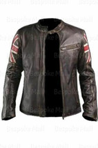New Handmade Men&#39;s Handmade UK Flag Vintage Biker Cowhide Leather Jacket-212 - £151.84 GBP