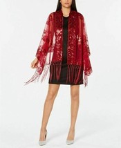 INC International Concepts Floral Sequined Fringe Evening Wrap, Red - £15.80 GBP