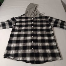 SHEIN Women's Black & White Plaid Flannel Drawstring Hoodie Shirt Jacket Size M image 4