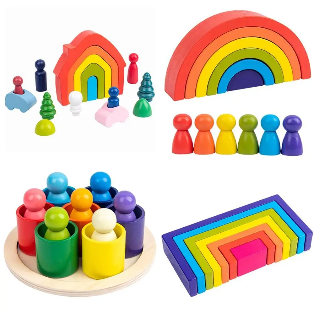 Creative Stacking Wooden Rainbow Building Block Kids Wooden Toys Montessori - £18.22 GBP+