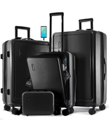 4-Piece Black Nested Hard Spinner Luggage Set with Carry-On, USB Port, T... - $398.56