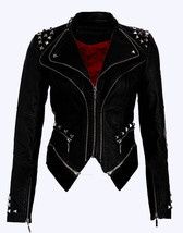 New Women&#39;s Paige Full Black Half Silver Studded Real Cowhide Leather Jacket-749 - £197.51 GBP