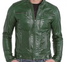 Men LeatherJacket 100% Genuine Biker Motorcycle Green Leather Jacket - £143.54 GBP