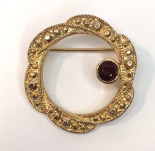 Vintage Gold Tone Sparkling Wreath Brooch Pin w/ Red Accent Stone  - $14.00