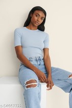 Round Neck Half Sleeve Ribbed Top for Women (sky blue) - $30.00