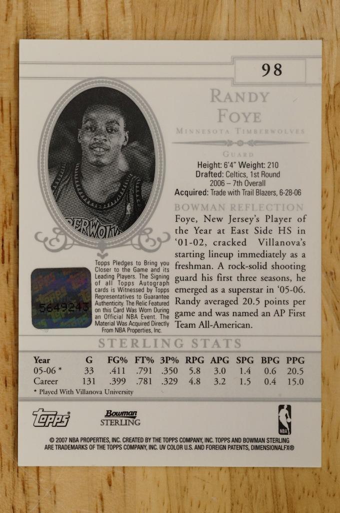 2006-07 Bowman Sterling Basketball Card Randy Foye #98 Autograph Jersey Item image 3