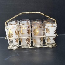 8 Gold Leaf Glasses with Metal Caddy Vintage Libbey Frosted Glass Set - £33.19 GBP