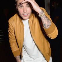 Justin Bieber Yellow Lambskin Bomber Leather Jacket Size S M L XL 2XL Customize - £111.99 GBP
