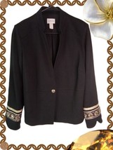 CHICO&#39;S JACKET (M) 8-10 BLACK GOLD EMBROIDERED SLEEVE CLASSIC BUTTON  - $26.72