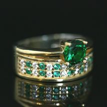 1Ct Round Cut Green Emerald &amp; Diamond Engagement Ring In 14K White Gold Finish - £74.71 GBP