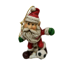 Vintage Christmas Santa Playing Soccer Ornament Ceramic Hand Painted 4&quot; - £9.95 GBP